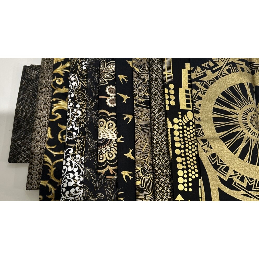 Fabric Lot Quilting Crafts Sewing Art Project Black Gold Cotton Prints